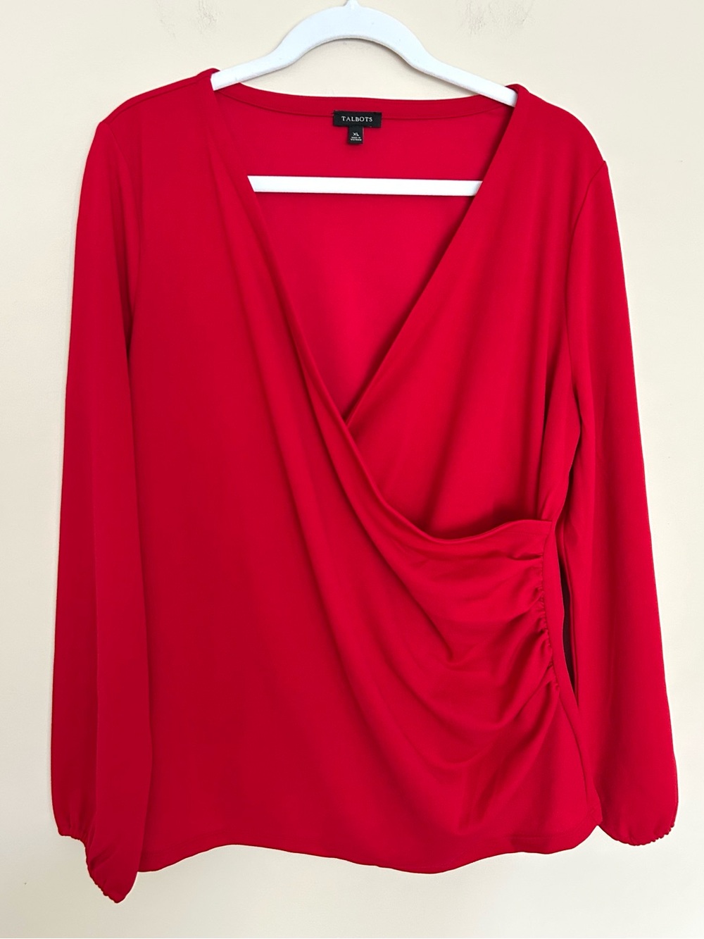 Talbots Women’s Red V-Neck Faux-Wrap Long Sleeve Blouse